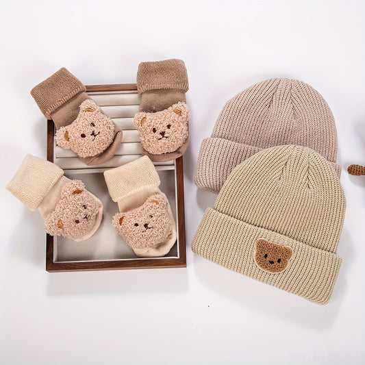 2-Piece Baby Set โ Cute Bear Knitted Hat & Thickened Socks for Boys ๐ปโ๏ธ๐งฆ