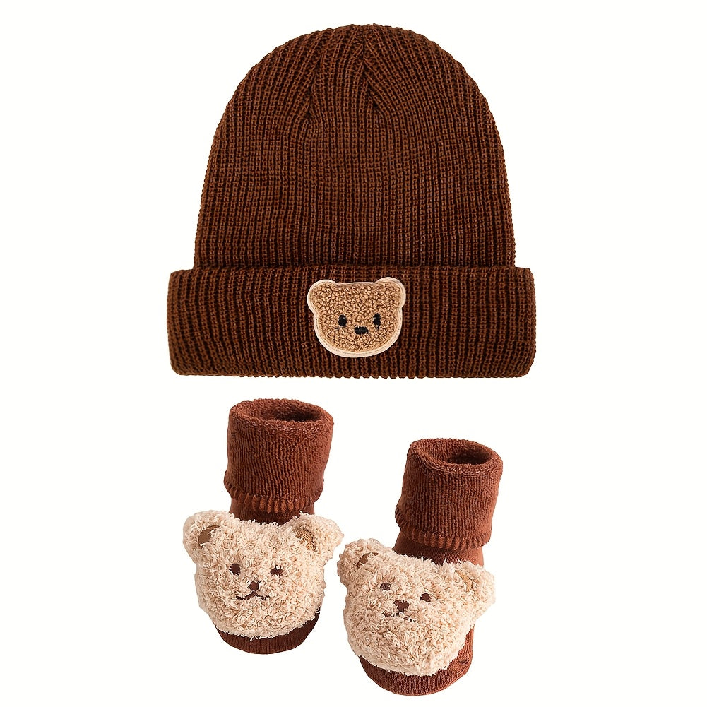 2-Piece Baby Set β Cute Bear Knitted Hat & Thickened Socks for Boys π»βοΈπ§¦