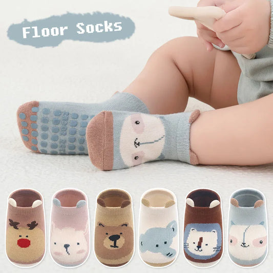 6-Pair Kids Cotton Socks โ Non-Slip Cartoon Animal Floor Socks for Boys & Girls ๐งฆ๐ปโจ