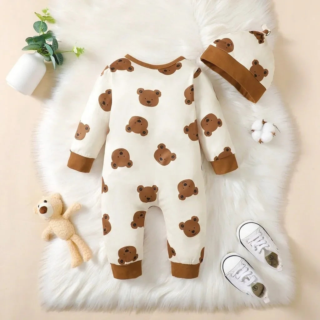 2-Piece Autumn Baby Boy Set – Long Sleeve Bear Romper & Matching Hat (1-18 Months) 🐻🍂