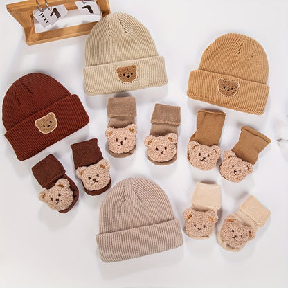 2-Piece Baby Set – Cute Bear Knitted Hat & Thickened Socks for Boys 🐻❄️🧦