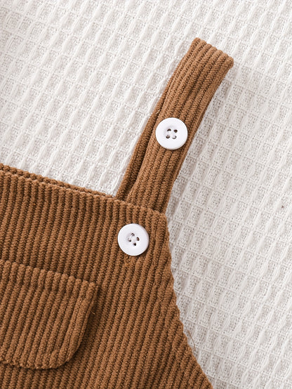 2-Piece Fall Baby Boy Outfit – Striped Top & Corduroy Suspender Romper with Bear Patch 🐻🍂
