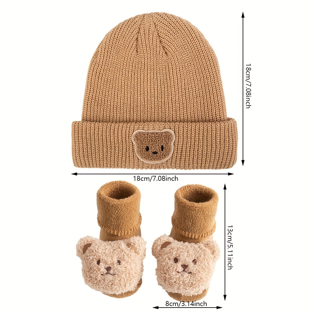 2-Piece Baby Set – Cute Bear Knitted Hat & Thickened Socks for Boys 🐻❄️🧦