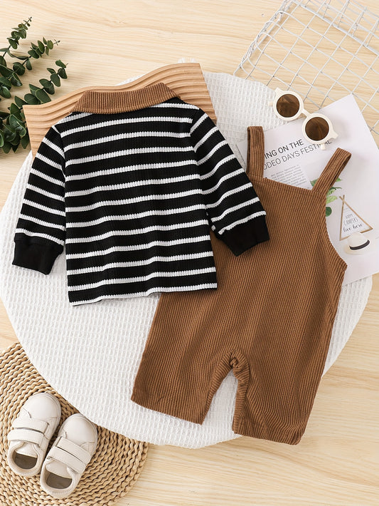 2-Piece Fall Baby Boy Outfit – Striped Top & Corduroy Suspender Romper with Bear Patch 🐻🍂