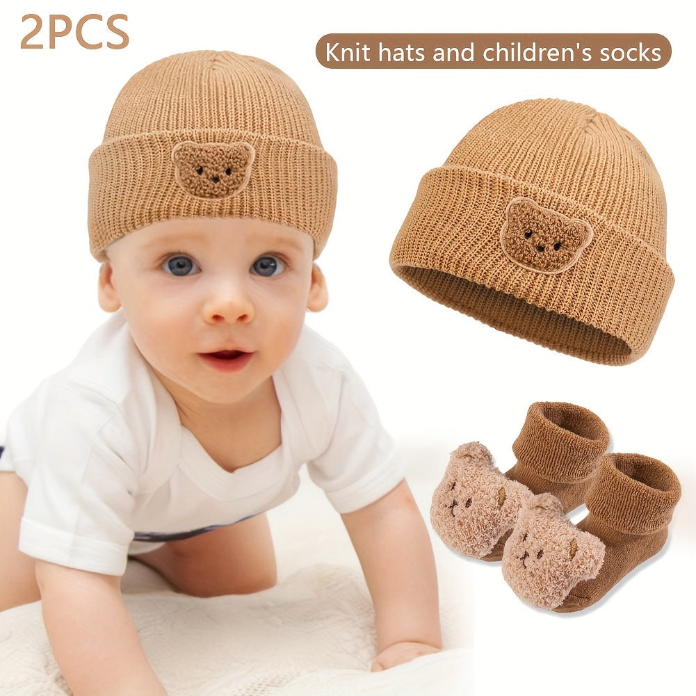 2-Piece Baby Set – Cute Bear Knitted Hat & Thickened Socks for Boys 🐻❄️🧦