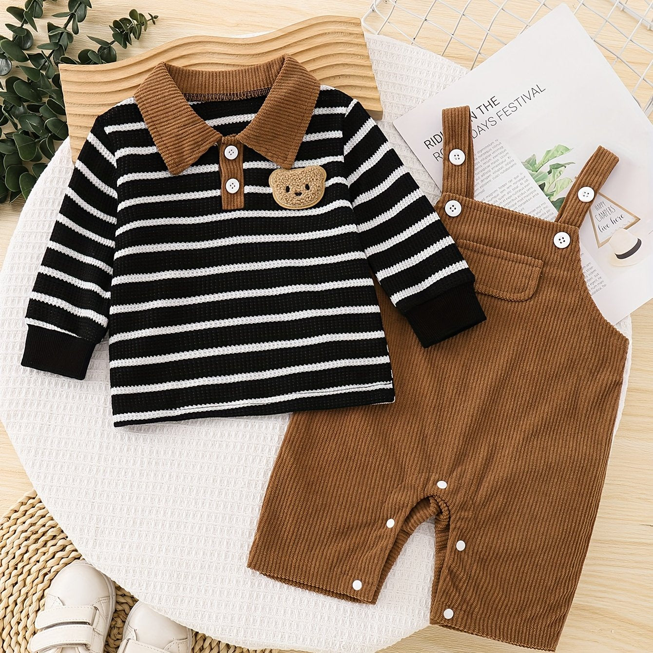 2-Piece Fall Baby Boy Outfit – Striped Top & Corduroy Suspender Romper with Bear Patch 🐻🍂