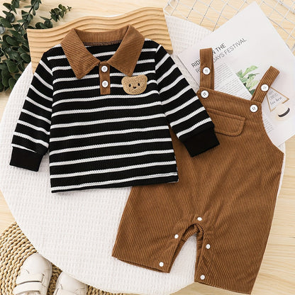 2-Piece Fall Baby Boy Outfit – Striped Top & Corduroy Suspender Romper with Bear Patch 🐻🍂