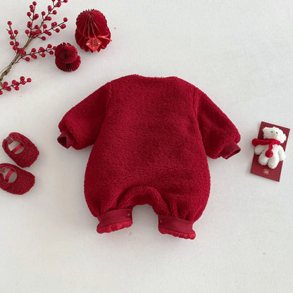 Christmas Red Bear Baby Jumpsuit – Thick Fleece Winter Romper for Newborns & Toddlers (0-2 Years) 🎄🐻❄️