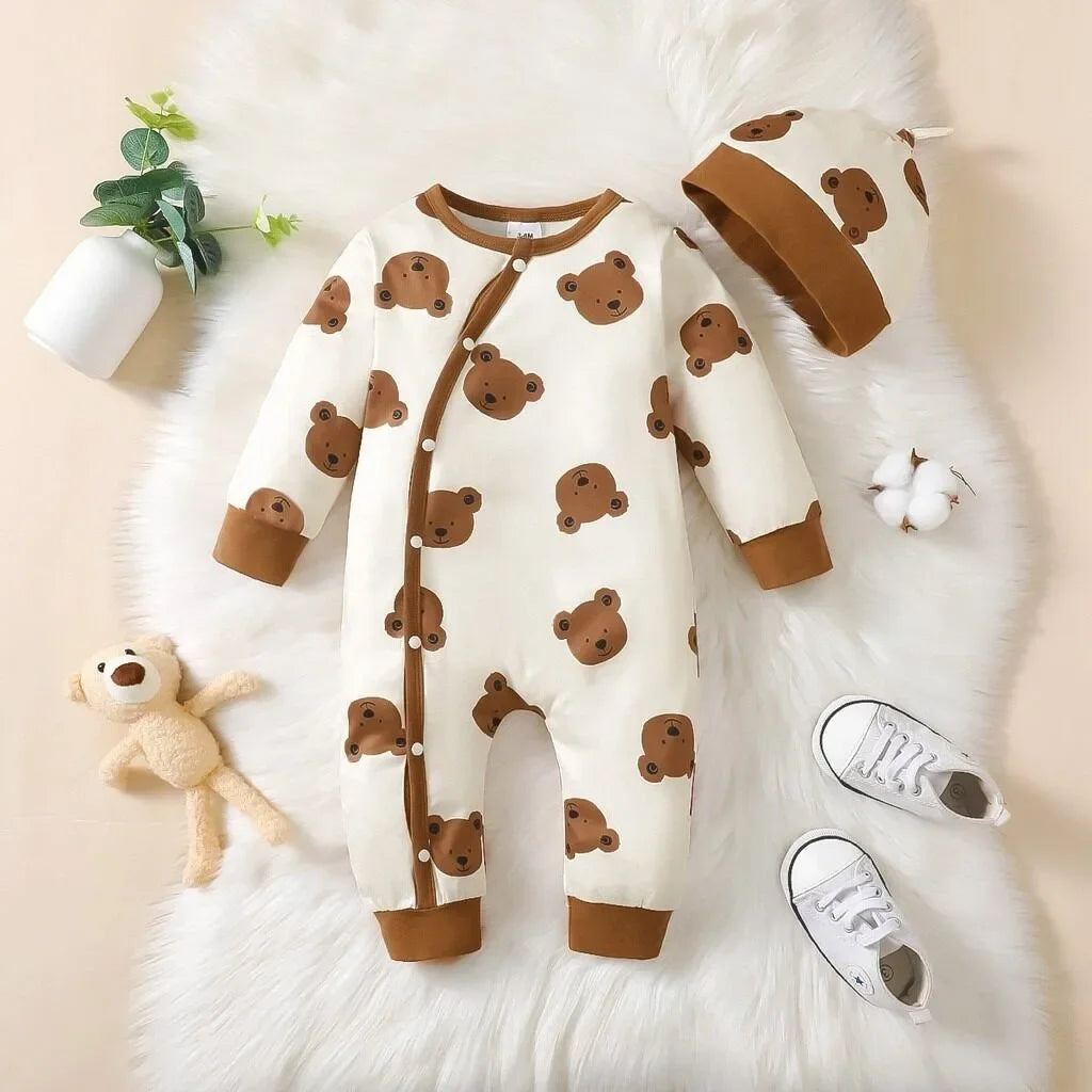 2-Piece Autumn Baby Boy Set – Long Sleeve Bear Romper & Matching Hat (1-18 Months) 🐻🍂