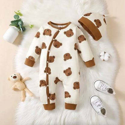 2-Piece Autumn Baby Boy Set – Long Sleeve Bear Romper & Matching Hat (1-18 Months) 🐻🍂