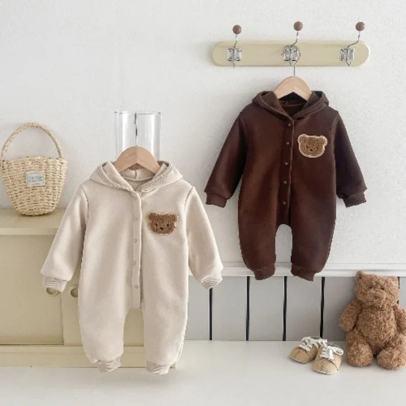 Baby Romper Hooded Jumpsuit Winter Cartoon Bear Cute Unisex Newborn Long Sleeve Outfit