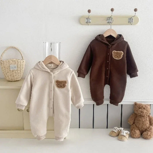 Baby Romper Hooded Jumpsuit Winter Cartoon Bear Cute Unisex Newborn Long Sleeve Outfit