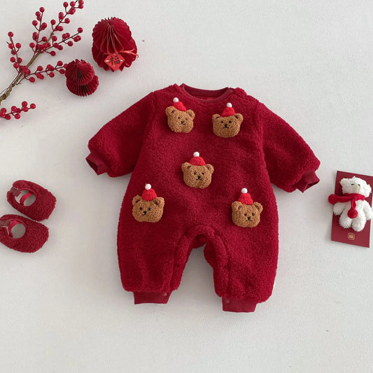Christmas Red Bear Baby Jumpsuit – Thick Fleece Winter Romper for Newborns & Toddlers (0-2 Years) 🎄🐻❄️