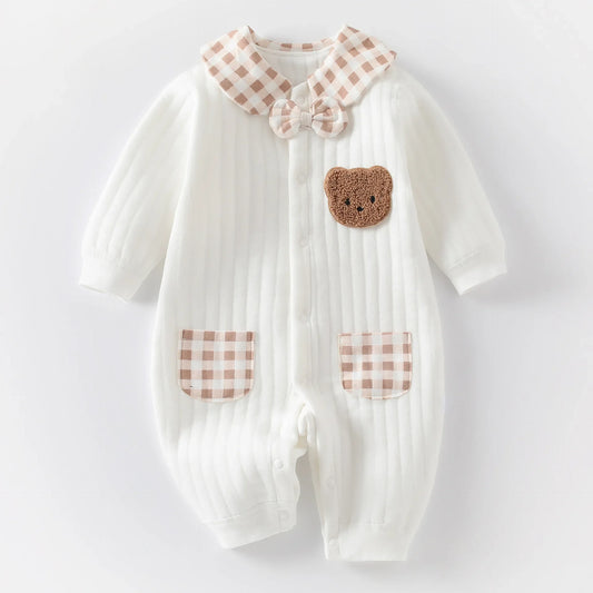 Cute Embroidered Bear Baby Jumpsuit – Thick Winter Romper for Newborns (0-6 Months) 🐻❄️