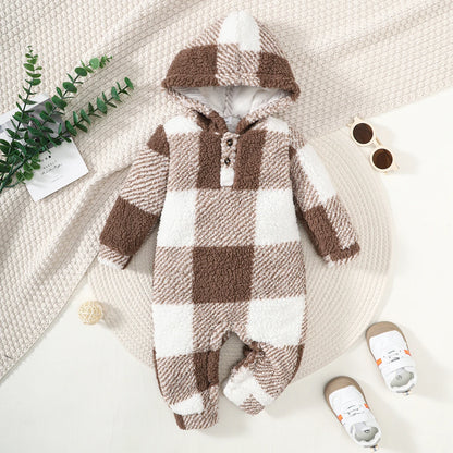 Cozy Plaid Hooded Baby Romper – Warm Winter Jumpsuit for Boys & Girls (3-24 Months) ❄️🍼0