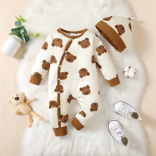 2-Piece Autumn Baby Boy Set – Long Sleeve Bear Romper & Matching Hat (1-18 Months) 🐻🍂