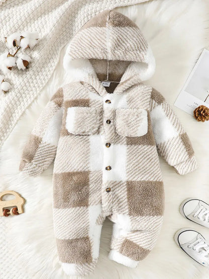 Cozy Plaid Hooded Baby Romper – Warm Winter Jumpsuit for Boys & Girls (3-24 Months) ❄️🍼0