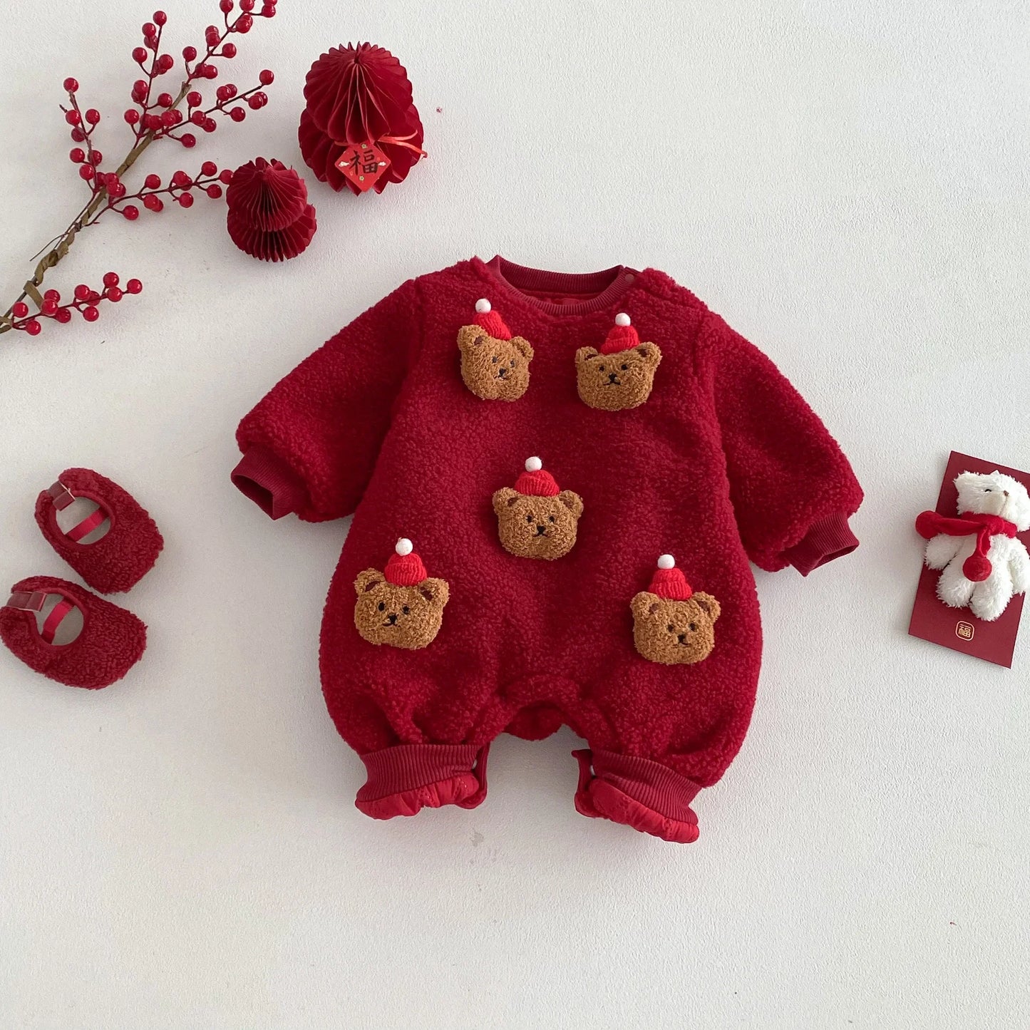 Christmas Red Bear Baby Jumpsuit – Thick Fleece Winter Romper for Newborns & Toddlers (0-2 Years) 🎄🐻❄️