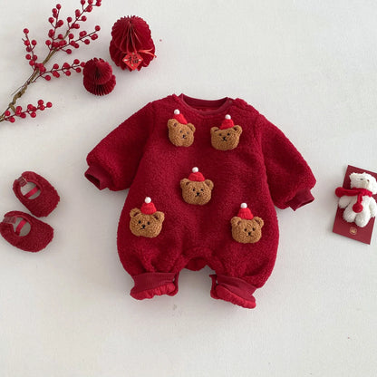 Christmas Red Bear Baby Jumpsuit – Thick Fleece Winter Romper for Newborns & Toddlers (0-2 Years) 🎄🐻❄️