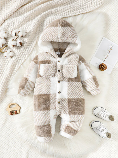 Cozy Plaid Hooded Baby Romper – Warm Winter Jumpsuit for Boys & Girls (3-24 Months) ❄️🍼0