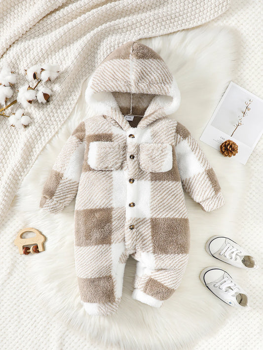 Cozy Plaid Hooded Baby Romper – Warm Winter Jumpsuit for Boys & Girls (3-24 Months) ❄️🍼0