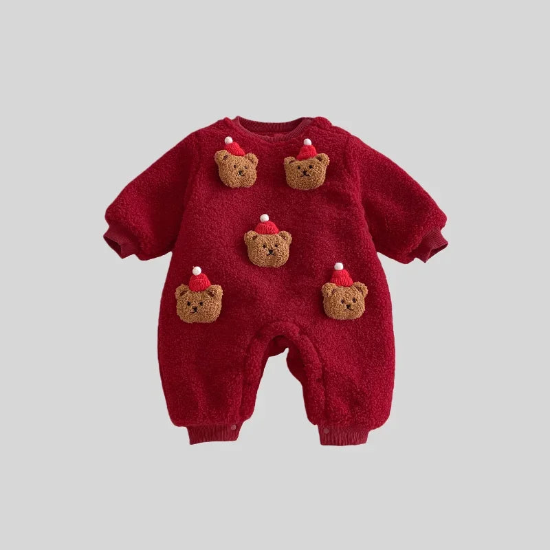 Christmas Red Bear Baby Jumpsuit – Thick Fleece Winter Romper for Newborns & Toddlers (0-2 Years) 🎄🐻❄️