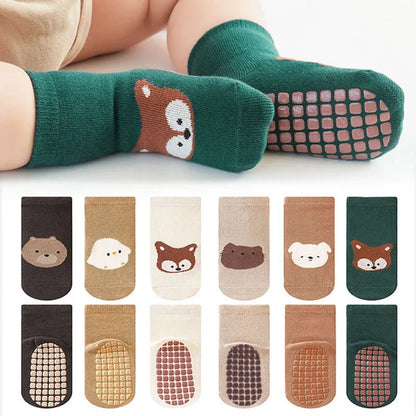 6-Pair Kids Non-Slip Socks – Cute Cartoon Fox & Bear Floor Socks for Boys & Girls 🧦🐻🦊