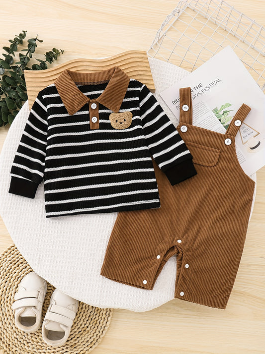 2-Piece Fall Baby Boy Outfit – Striped Top & Corduroy Suspender Romper with Bear Patch 🐻🍂