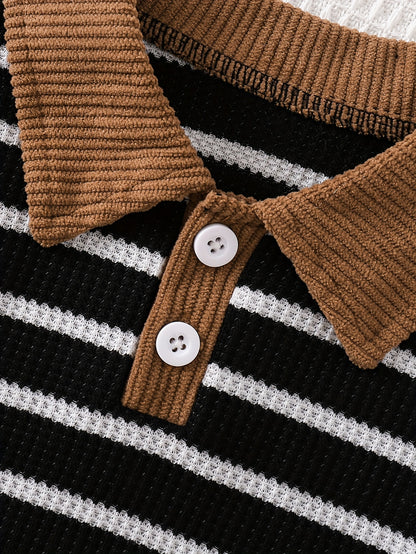 2-Piece Fall Baby Boy Outfit – Striped Top & Corduroy Suspender Romper with Bear Patch 🐻🍂